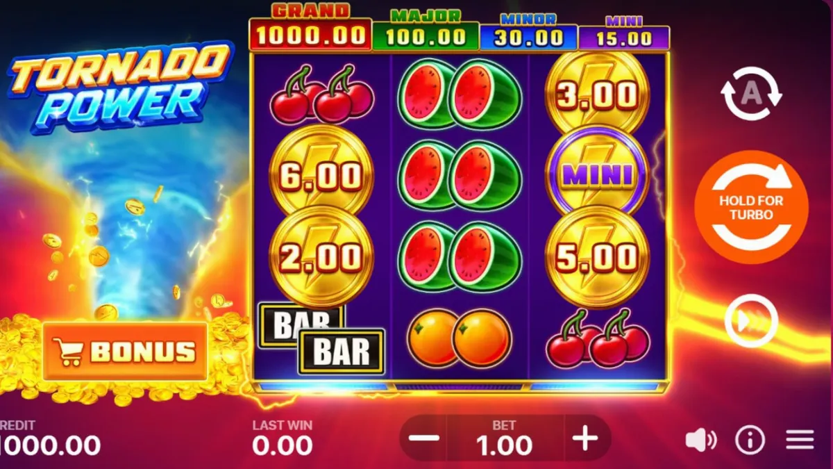 Tampilan visual slot Tornado Power: Hold and Win dengan tema badai elektrik dan buah-buahan klasik.