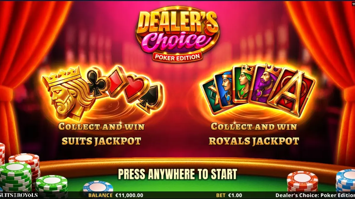 Dealer’s Choice: Poker Edition slot game interface with poker cards and green felt background